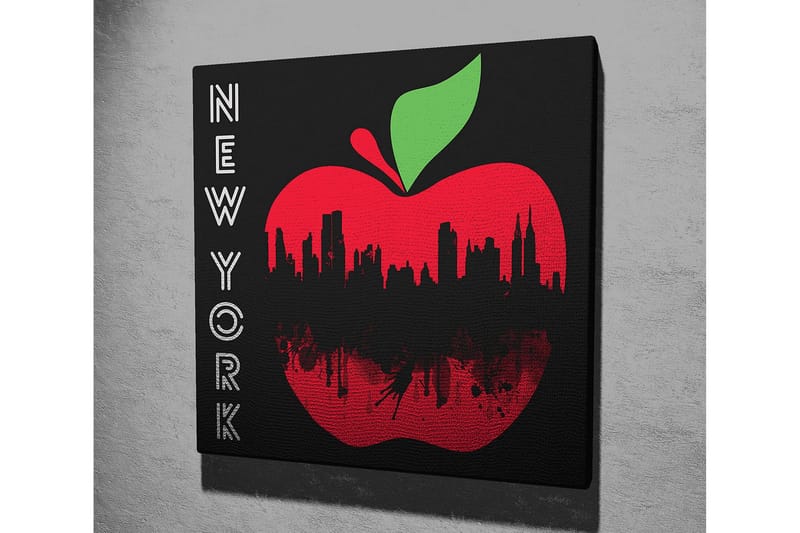 Lerretsbilde 45x45 cm - Rød epleform med New York-silhuett i svart - Rød / Svart / Grønn - Innredning - Bilder & kunst - Lerretsbilder