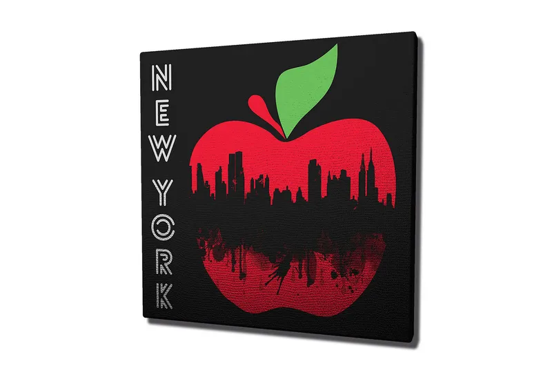 Lerretsbilde 45x45 cm - Rød epleform med New York-silhuett i svart - Rød / Svart / Grønn - Innredning - Bilder & kunst - Lerretsbilder