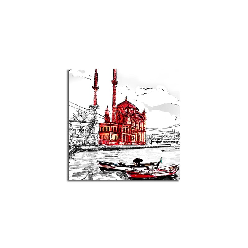 Lerretsbilde 45x45 cm - Rød moské ved vannet med båter i forgrunnen, Rød / Svart / Hvit