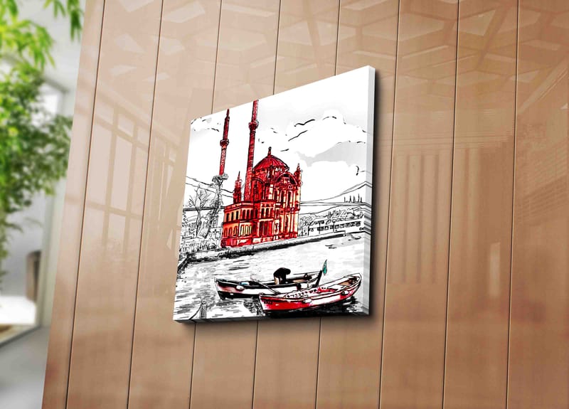 Lerretsbilde 45x45 cm - Rød moské ved vannet med båter i forgrunnen - Rød / Svart / Hvit - Innredning - Bilder & kunst - Lerretsbilder