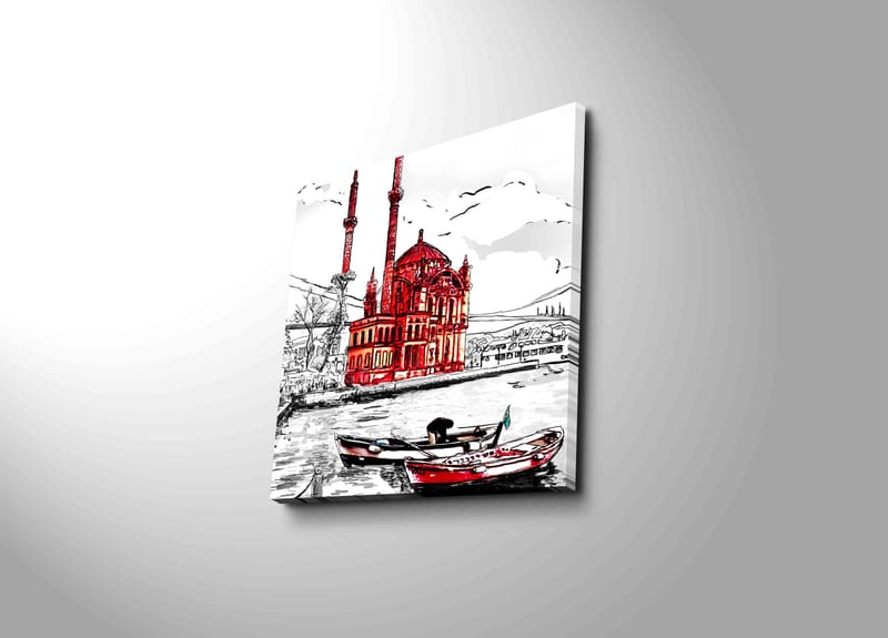 Lerretsbilde 45x45 cm - Rød moské ved vannet med båter i forgrunnen - Rød / Svart / Hvit - Innredning - Bilder & kunst - Lerretsbilder