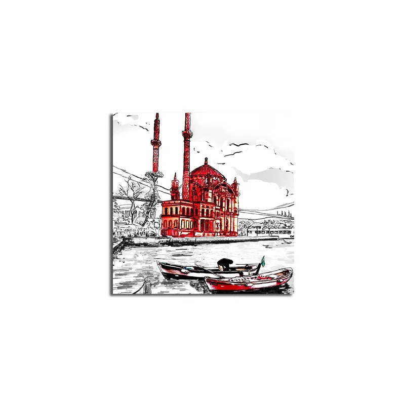 Lerretsbilde 45x45 cm - Rød moské ved vannet med båter i forgrunnen, Rød / Svart / Hvit