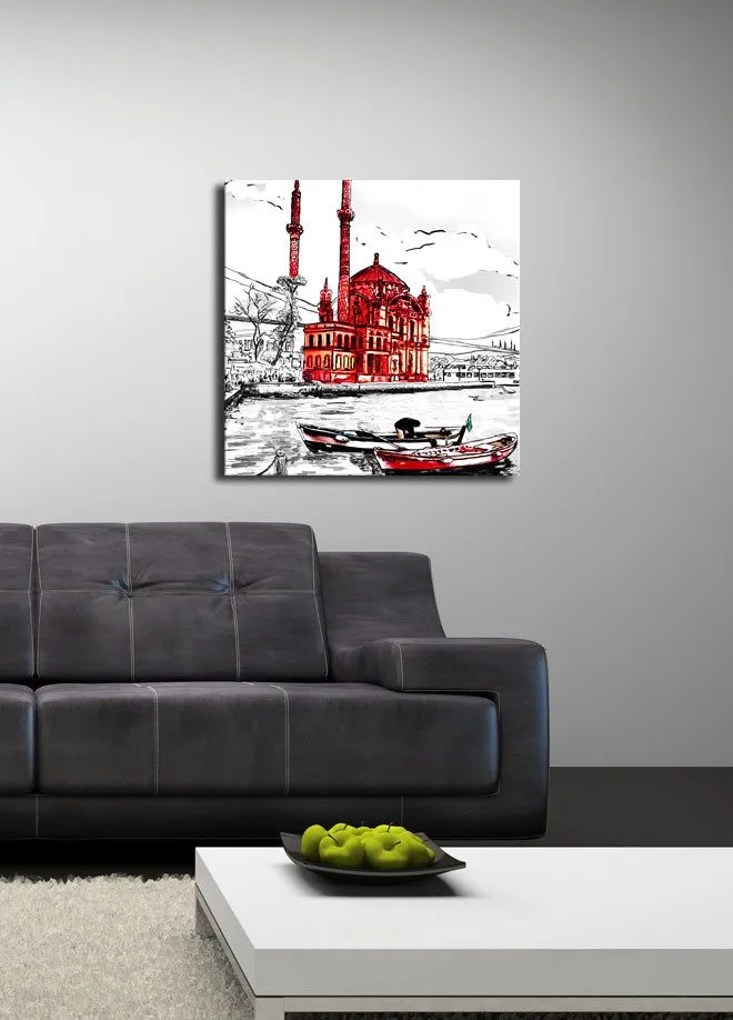 Lerretsbilde 45x45 cm - Rød moské ved vannet med båter i forgrunnen - Rød / Svart / Hvit - Innredning - Bilder & kunst - Lerretsbilder