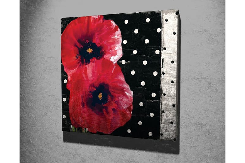 Lerretsbilde 45x45 cm - Røde blomster mot svart bakgrunn med hvite prikker - Rød / Svart / Hvit - Innredning - Bilder & kunst - Lerretsbilder