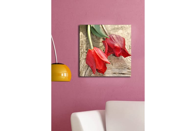 Lerretsbilde 45x45 cm - Røde tulipaner på en treflate - Rød / Grønn - Innredning - Bilder & kunst - Lerretsbilder