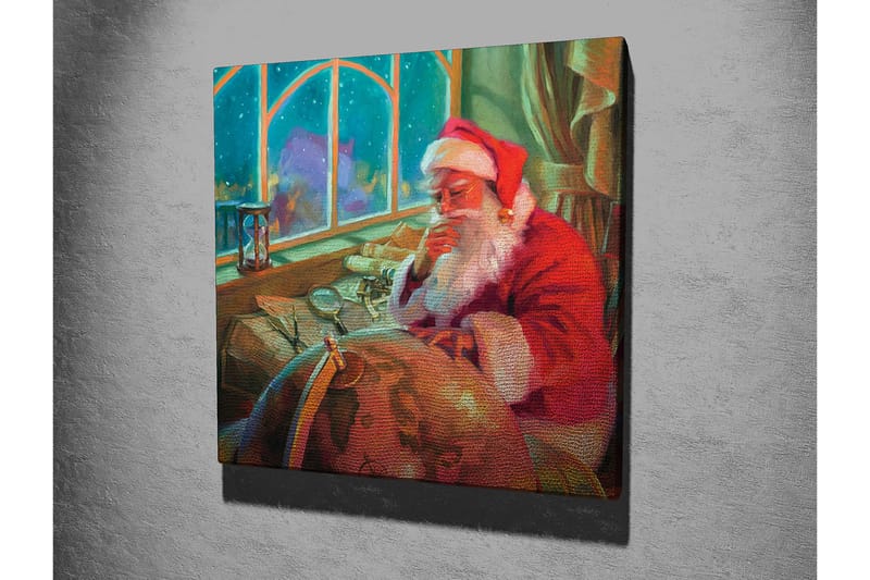 Lerretsbilde 45x45 cm - Reflekterende julenisse ved et skrivebord med en globus og papir - Rød / Grønn / Beige - Innredning - Bilder & kunst - Lerretsbilder