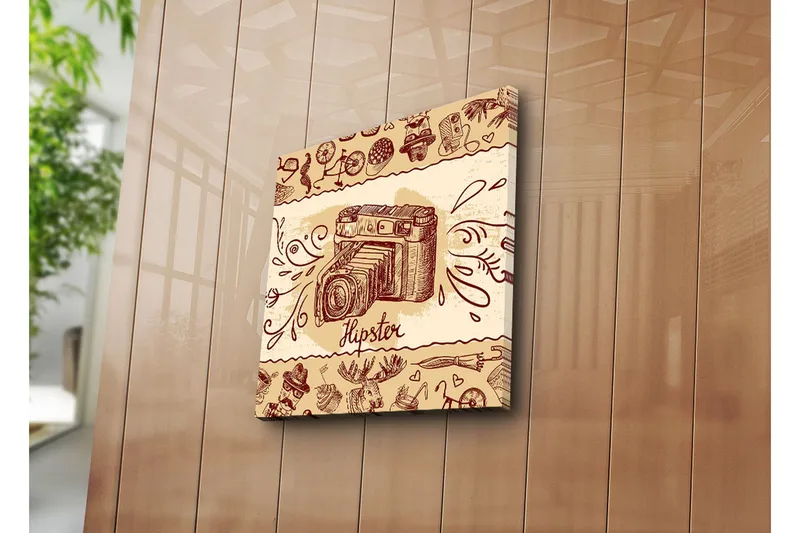 Lerretsbilde 45x45 cm - Retro kamera med hipster-elementer i bakgrunnen - Beige / Brun / Rød - Innredning - Bilder & kunst - Lerretsbilder
