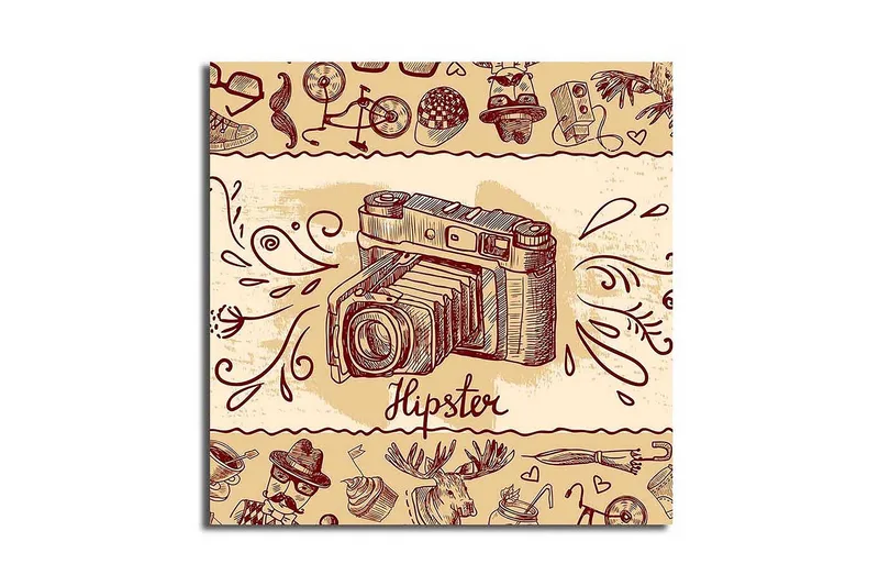 Lerretsbilde 45x45 cm - Retro kamera med hipster-elementer i bakgrunnen - Beige / Brun / Rød - Innredning - Bilder & kunst - Lerretsbilder
