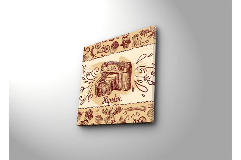 Lerretsbilde 45x45 cm - Retro kamera med hipster-elementer i bakgrunnen - Beige / Brun / Rød - Innredning - Bilder & kunst - Lerretsbilder