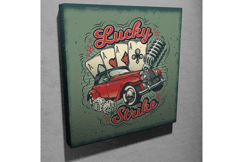 Lerretsbilde 45x45 cm - Retrobil med spillkort og mikrofon i en leken komposisjon - Rød / Grønn / Svart - Innredning - Bilder & kunst - Lerretsbilder