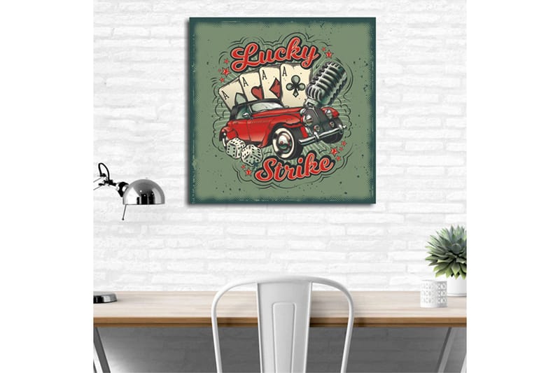 Lerretsbilde 45x45 cm - Retrobil med spillkort og mikrofon i en leken komposisjon - Rød / Grønn / Svart - Innredning - Bilder & kunst - Lerretsbilder