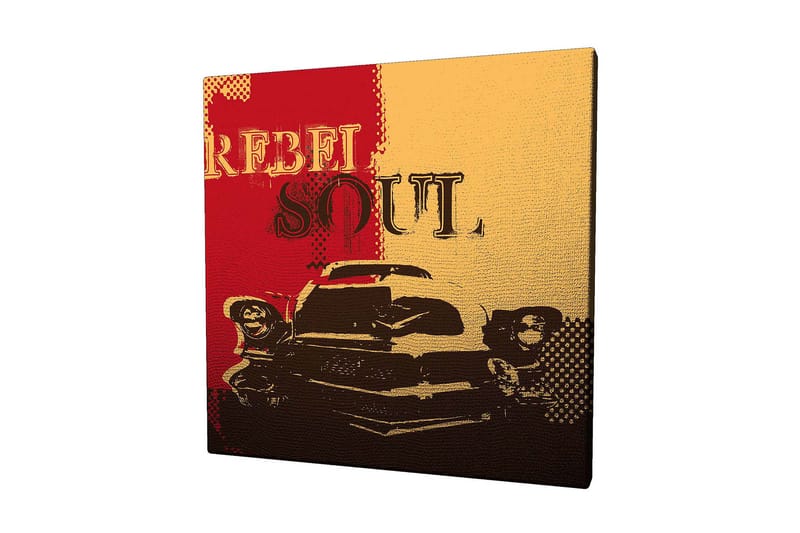 Lerretsbilde 45x45 cm - Retrobil med teksten REBEL SOUL i en fargerik komposisjon, Rød / Gul / Svart