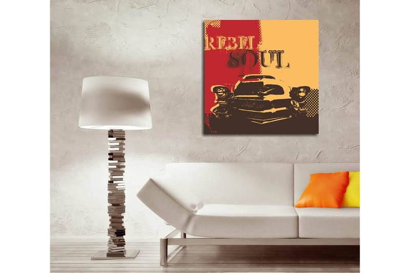 Lerretsbilde 45x45 cm - Retrobil med teksten REBEL SOUL i en fargerik komposisjon - Rød / Gul / Svart - Innredning - Bilder & kunst - Lerretsbilder