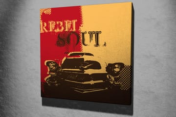 Lerretsbilde 45x45 cm - Retrobil med teksten REBEL SOUL i en fargerik komposisjon - Rød / Gul / Svart - Innredning - Bilder & kunst - Lerretsbilder