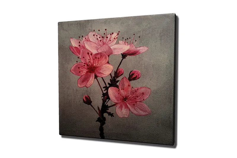 Lerretsbilde 45x45 cm - Rosa blomster med knopper på grå bakgrunn, Rosa / Grå
