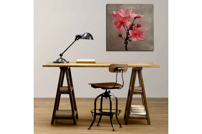 Lerretsbilde 45x45 cm - Rosa blomster med knopper på grå bakgrunn - Rosa / Grå - Innredning - Bilder & kunst - Lerretsbilder