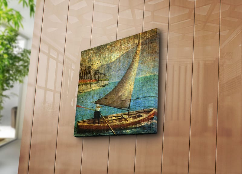 Lerretsbilde 45x45 cm - Seilbåt på rolig vann - Blå / Brun / Beige - Innredning - Bilder & kunst - Lerretsbilder