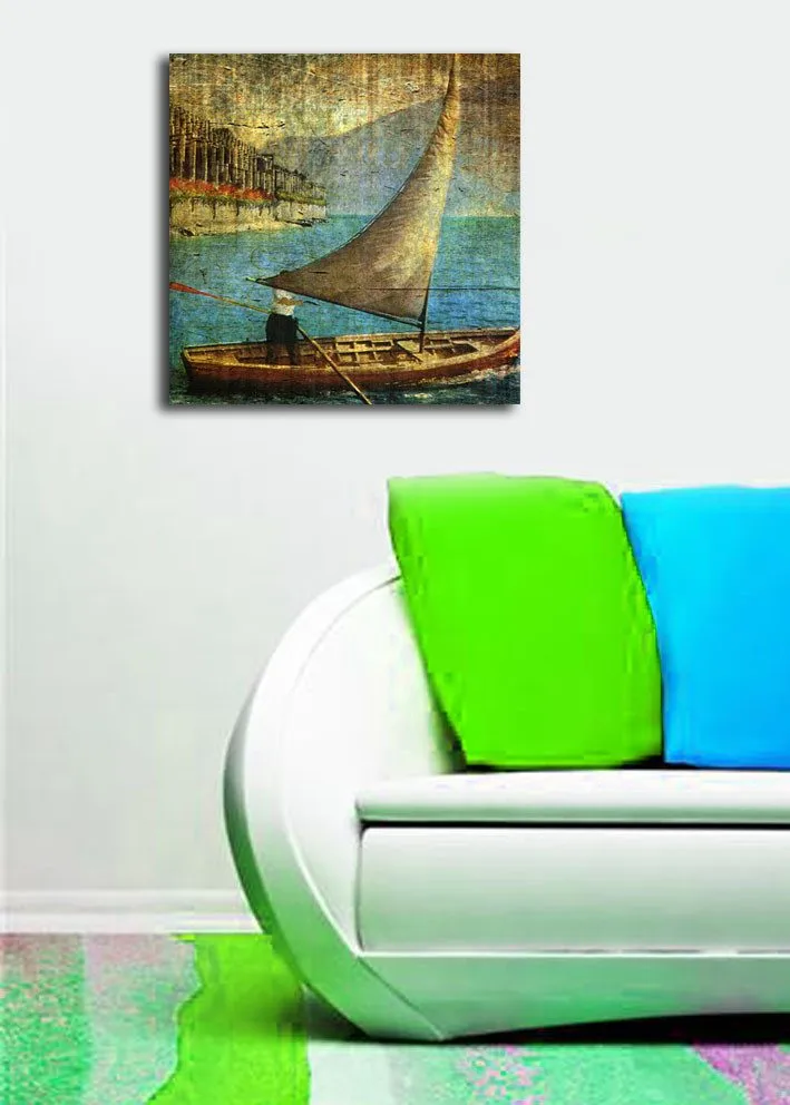 Lerretsbilde 45x45 cm - Seilbåt på rolig vann - Blå / Brun / Beige - Innredning - Bilder & kunst - Lerretsbilder