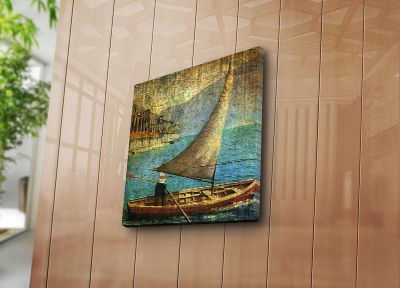 Lerretsbilde 45x45 cm - Seilbåt på rolig vann - Blå / Brun / Beige - Innredning - Bilder & kunst - Lerretsbilder