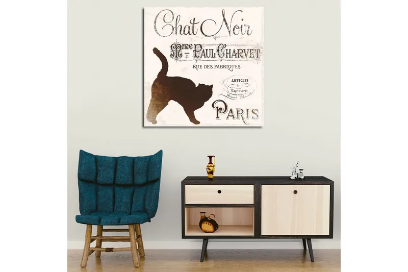 Lerretsbilde 45x45 cm - Silhuett av en katt i et vintage plakatdesign - Svart / Beige / Brun - Innredning - Bilder & kunst - Lerretsbilder