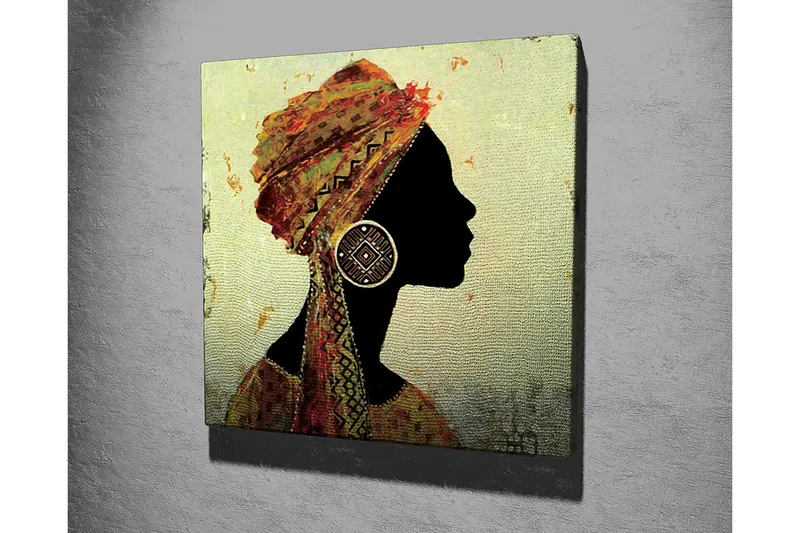 Lerretsbilde 45x45 cm - Silhuett av en kvinne med tradisjonell hodeplagg og store øredobber - Svart / Gull / Oransje - Innredning - Bilder & kunst - Lerretsbilder