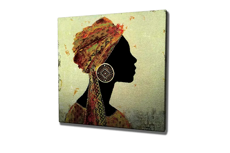 Lerretsbilde 45x45 cm - Silhuett av en kvinne med tradisjonell hodeplagg og store øredobber - Svart / Gull / Oransje - Innredning - Bilder & kunst - Lerretsbilder