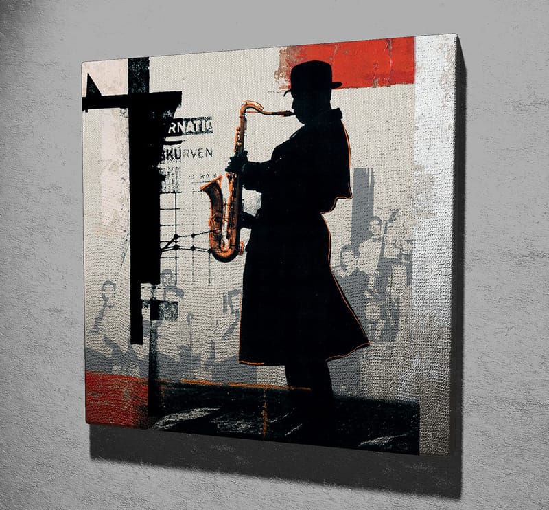 Lerretsbilde 45x45 cm - Silhuett av en saksofonist i et urbant miljø - Svart / Rød / Beige - Innredning - Bilder & kunst - Lerretsbilder
