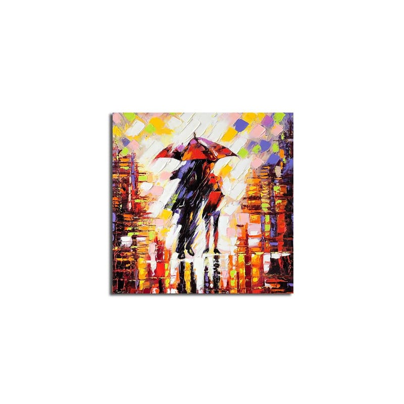 Lerretsbilde 45x45 cm - Silhuett av en person med paraply i et fargerikt bymiljø - Rød / Oransje / Svart - Innredning - Bilder & kunst - Lerretsbilder
