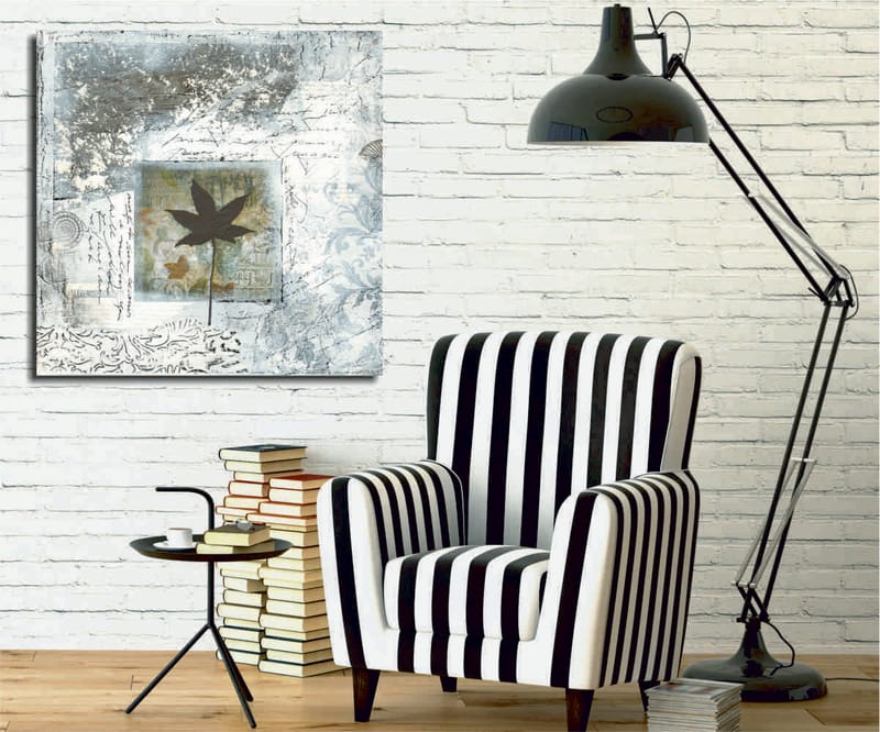 Lerretsbilde 45x45 cm - Silhuett av et blad mot en abstrakt bakgrunn, Svart / Blå / Grønn