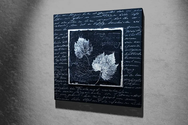 Lerretsbilde 45x45 cm - Silhuetter av blader på mørk bakgrunn med teksturert overflate - Svart / Hvit - Innredning - Bilder & kunst - Lerretsbilder