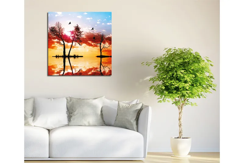 Lerretsbilde 45x45 cm - Silhuetter av trær ved solnedgang med refleksjoner i vannet - Oransje / Rosa / Blå - Innredning - Bilder & kunst - Lerretsbilder