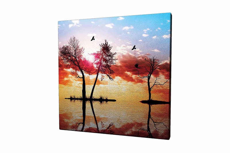Lerretsbilde 45x45 cm - Silhuetter av trær ved solnedgang med refleksjoner i vannet - Oransje / Rosa / Blå - Innredning - Bilder & kunst - Lerretsbilder