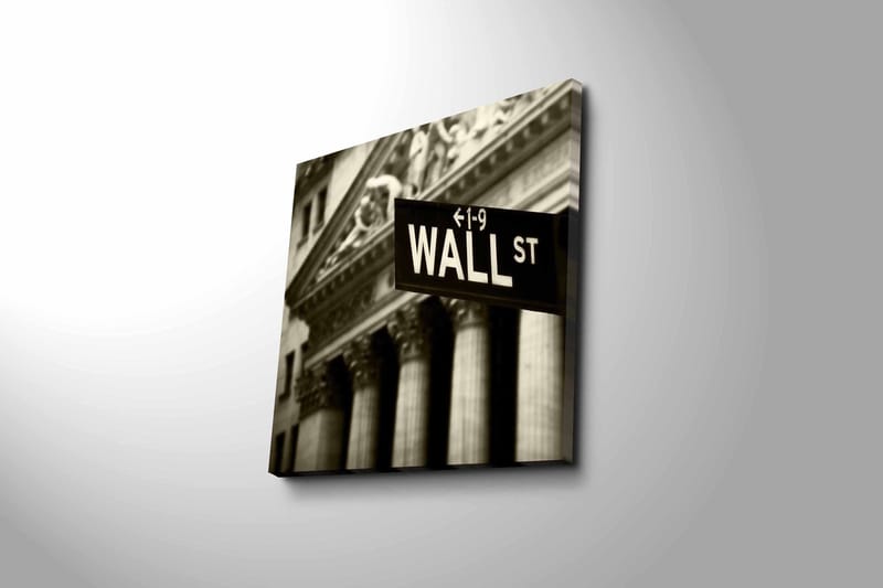 Lerretsbilde 45x45 cm - Skilt med teksten WALL ST i fokus - Svart / Hvit / Grå - Innredning - Bilder & kunst - Lerretsbilder