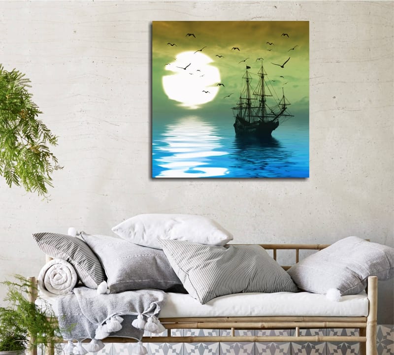 Lerretsbilde 45x45 cm - Skip på speilblanke vannflater under en stemningsfull solnedgang, Mørk blå / Grønn / Hvit