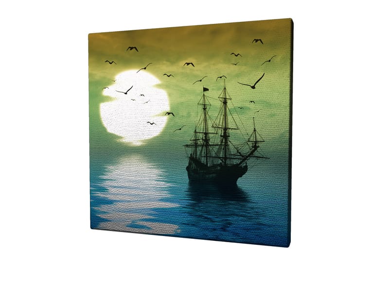 Lerretsbilde 45x45 cm - Skip på speilblanke vannflater under en stemningsfull solnedgang - Mørk blå / Grønn / Hvit - Innredning - Bilder & kunst - Lerretsbilder