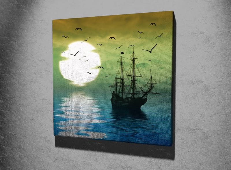 Lerretsbilde 45x45 cm - Skip på speilblanke vannflater under en stemningsfull solnedgang - Mørk blå / Grønn / Hvit - Innredning - Bilder & kunst - Lerretsbilder