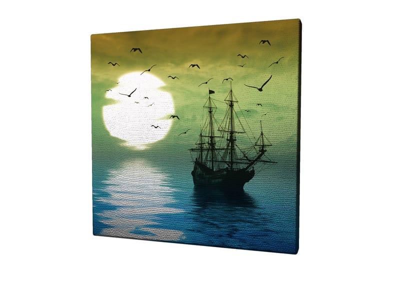 Lerretsbilde 45x45 cm - Skip på speilblanke vannflater under en stemningsfull solnedgang - Mørk blå / Grønn / Hvit - Innredning - Bilder & kunst - Lerretsbilder