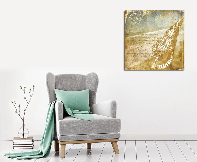 Lerretsbilde 45x45 cm - Skjell med vintage-inspirert bakgrunn og håndskrevet tekst, Beige / Brun / Lys blå