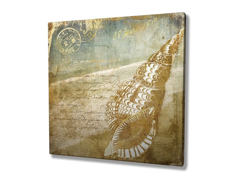 Lerretsbilde 45x45 cm - Skjell med vintage-inspirert bakgrunn og håndskrevet tekst - Beige / Brun / Lys blå - Innredning - Bilder & kunst - Lerretsbilder