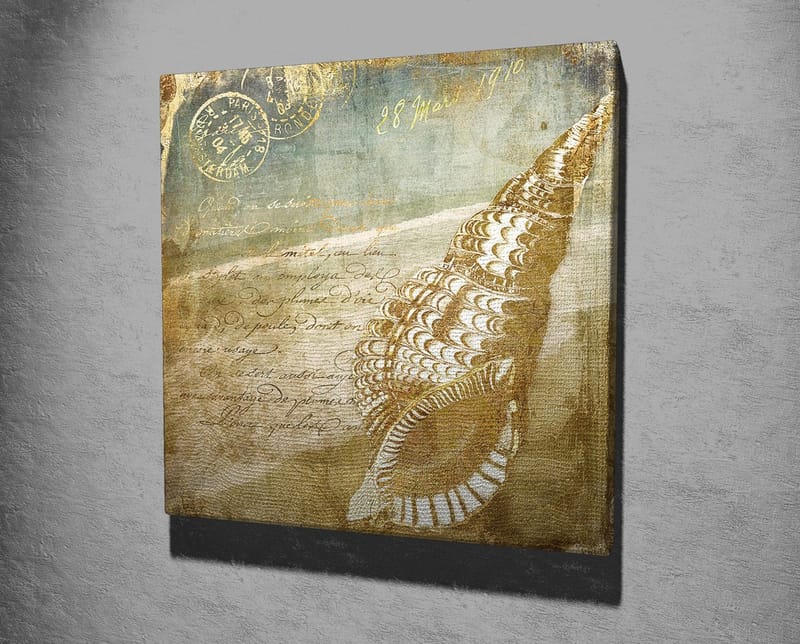 Lerretsbilde 45x45 cm - Skjell med vintage-inspirert bakgrunn og håndskrevet tekst - Beige / Brun / Lys blå - Innredning - Bilder & kunst - Lerretsbilder