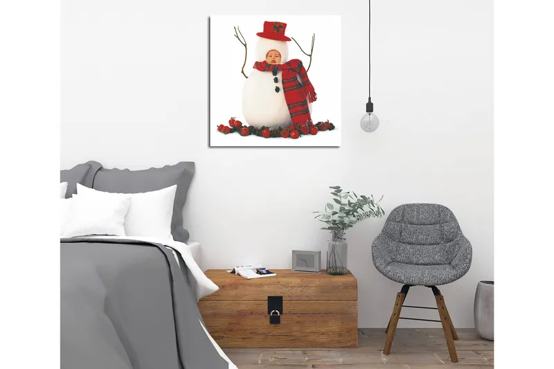 Lerretsbilde 45x45 cm - Snømann med rød lue og skjerf, omgitt av alver, Hvit / Rød / Svart