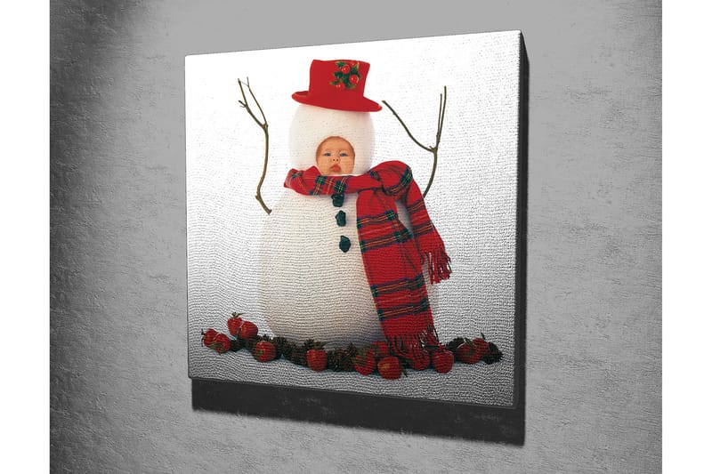 Lerretsbilde 45x45 cm - Snømann med rød lue og skjerf, omgitt av alver - Hvit / Rød / Svart - Innredning - Bilder & kunst - Lerretsbilder