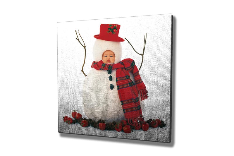 Lerretsbilde 45x45 cm - Snømann med rød lue og skjerf, omgitt av alver - Hvit / Rød / Svart - Innredning - Bilder & kunst - Lerretsbilder