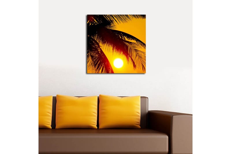Lerretsbilde 45x45 cm - Solnedgang bak palmer - Gul / Svart - Innredning - Bilder & kunst - Lerretsbilder