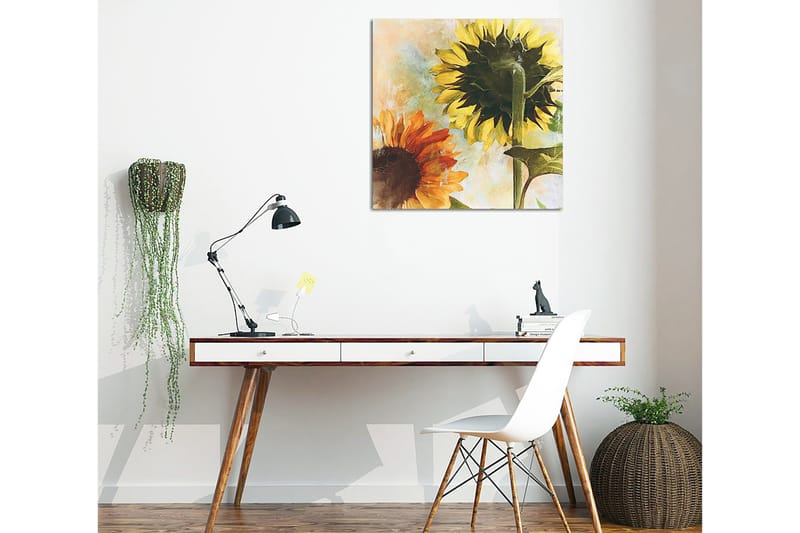 Lerretsbilde 45x45 cm - Solsikker i sterke farger - Gul / Oransje / Grønn - Innredning - Bilder & kunst - Lerretsbilder