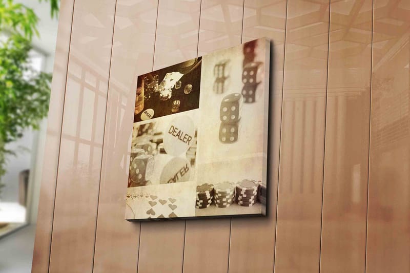 Lerretsbilde 45x45 cm - Spillrelatert komposisjon med terninger og brikker - Grå / Hvit / Beige - Innredning - Bilder & kunst - Lerretsbilder