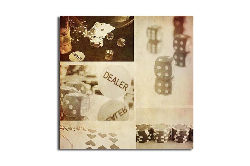 Lerretsbilde 45x45 cm - Spillrelatert komposisjon med terninger og brikker, Grå / Hvit / Beige