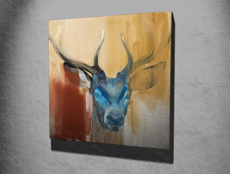Lerretsbilde 45x45 cm - Statlig hjort med blått hode og majestetiske horn - Blå / Brun / Beige - Innredning - Bilder & kunst - Lerretsbilder