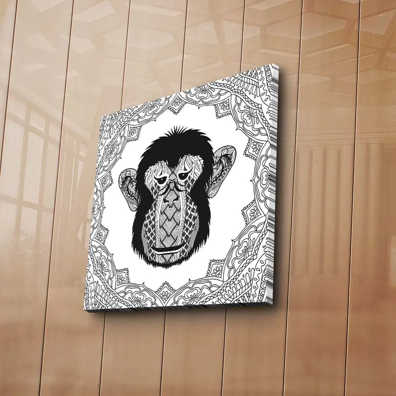 Lerretsbilde 45x45 cm - Stilisert ape med intrikate mønstre - Svart / Hvit - Innredning - Bilder & kunst - Lerretsbilder