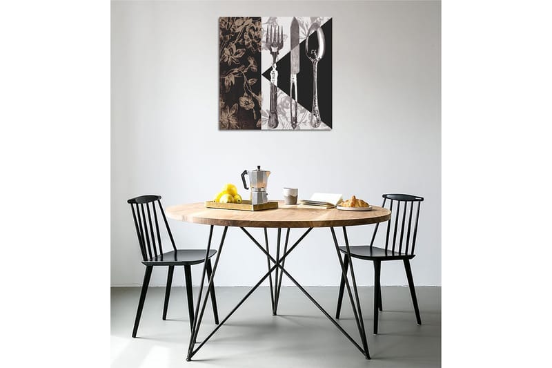 Lerretsbilde 45x45 cm - Stilisert komposisjon av bestikk og blomster - Svart / Grå / Beige - Innredning - Bilder & kunst - Lerretsbilder